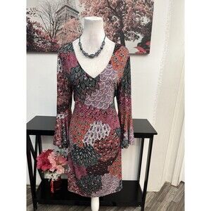 MSK Women's Paisley Bell Long  Sleeve Shift Dress Size L V Neck Pullover